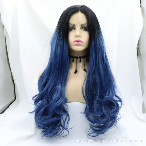 Vigorous Pre Plucked Natural Hairline Long Body Wave Ombre Blue Synthetic Lace Front Hair Wig for Women